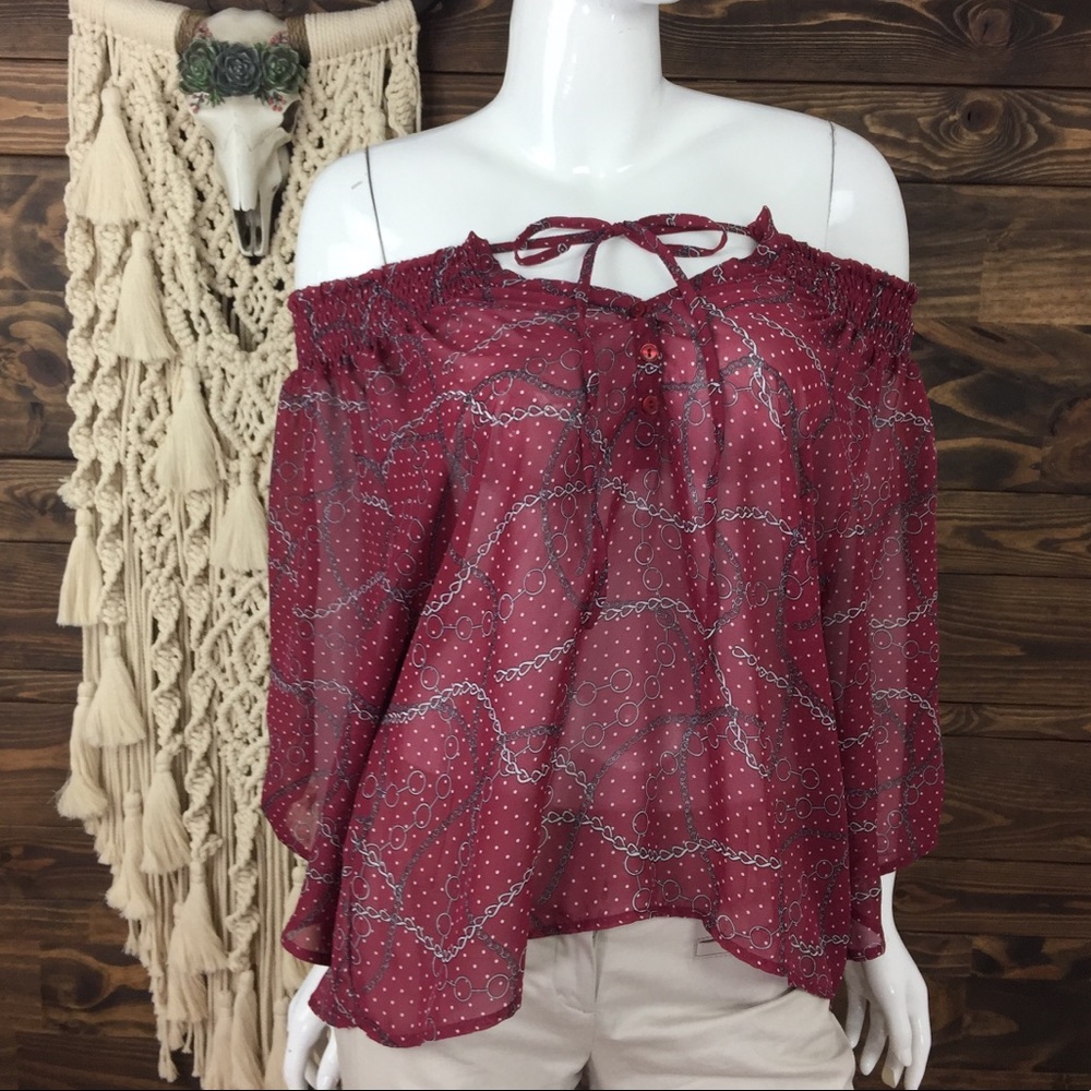 Plant Gold | Tie Front‎ Off Shoulder Sheer Blouse - Picture 6 of 7